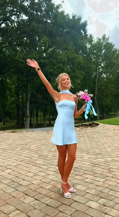 Robe de bal courte bleu chic, robe fourreau en satin pour anniversaire ED10905