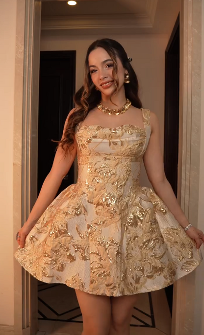 Schickes kurzes goldenes Homecoming-Kleid aus Satin in A-Linie, Geburtstagskleid ED10918