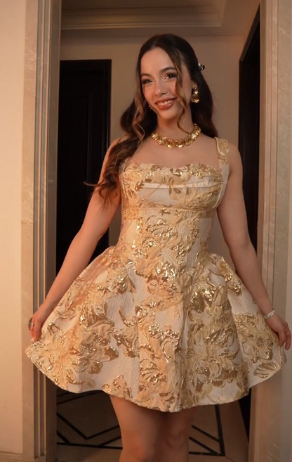 Schickes kurzes goldenes Homecoming-Kleid aus Satin in A-Linie, Geburtstagskleid ED10918