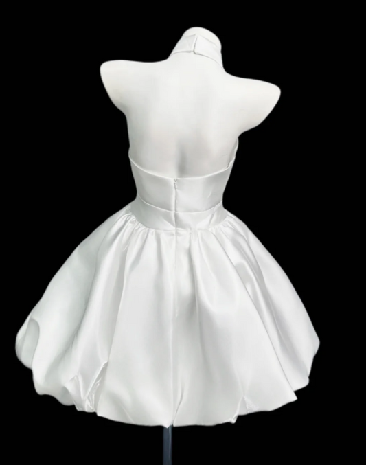 Robe de bal courte blanche chic en satin, coupe trapèze, pour anniversaire ED10919