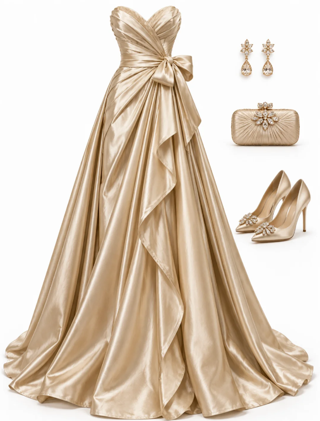 Robe de bal intemporelle dorée, robe de soirée longue en satin coupe trapèze ED10929