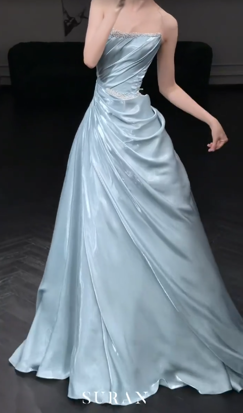 Robe de bal bleu intemporelle, robe de soirée longue en satin coupe trapèze ED10930