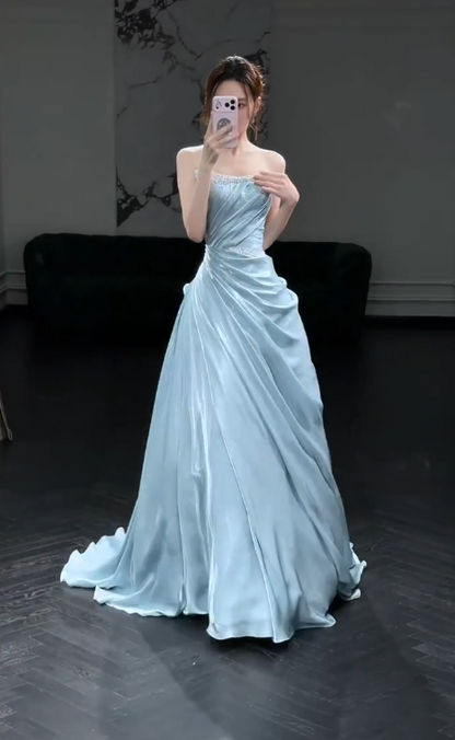 Robe de bal bleu intemporelle, robe de soirée longue en satin coupe trapèze ED10930