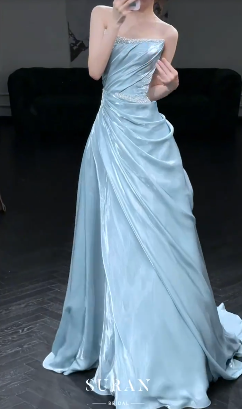 Robe de bal bleu intemporelle, robe de soirée longue en satin coupe trapèze ED10930