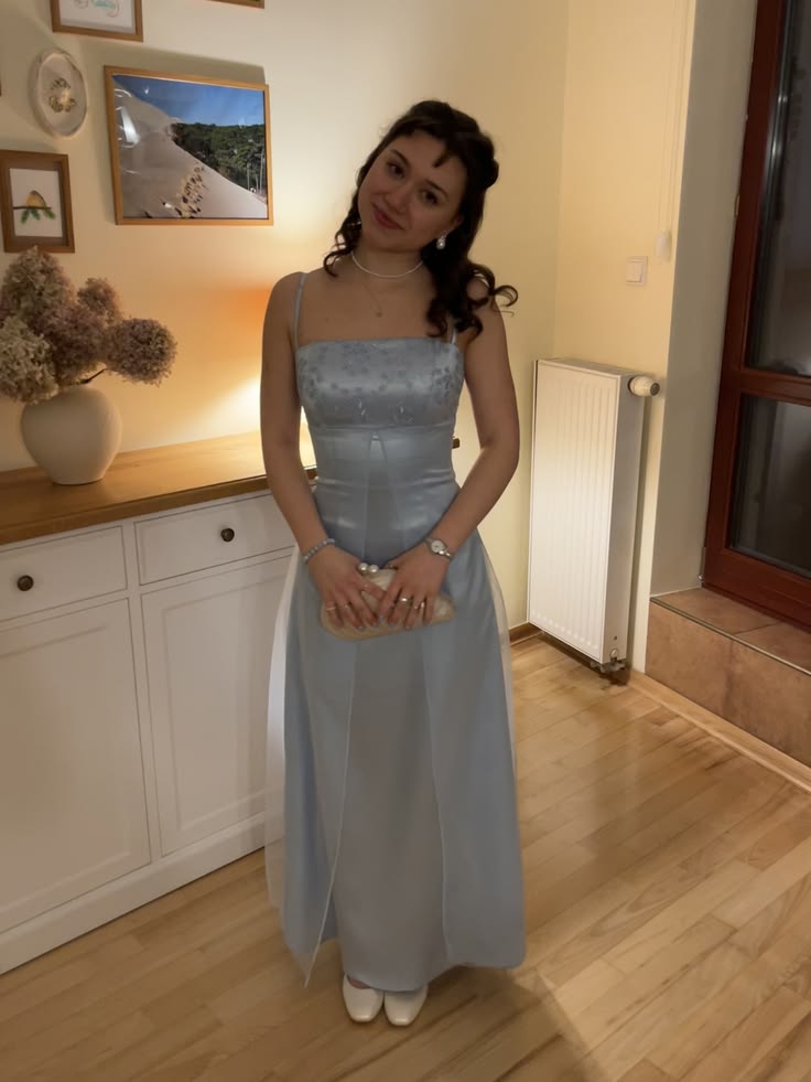 Dusty Blue Satin Prom Dress Sheath Straps Long Evening Dress ED10933