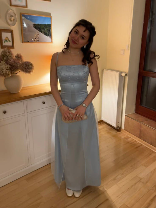 Dusty Blue Satin Prom Dress Sheath Straps Long Evening Dress ED10933