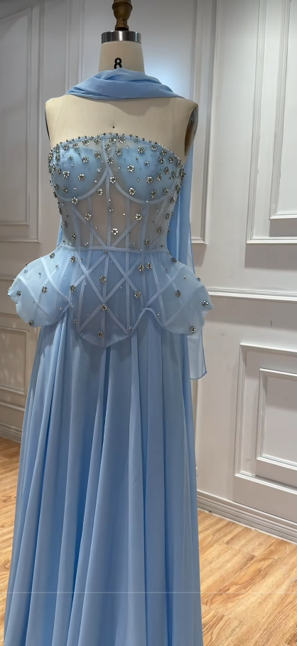 Plae Blue Chiffon Prom Dress Sheath Strapless Long Evening Dress ED10934