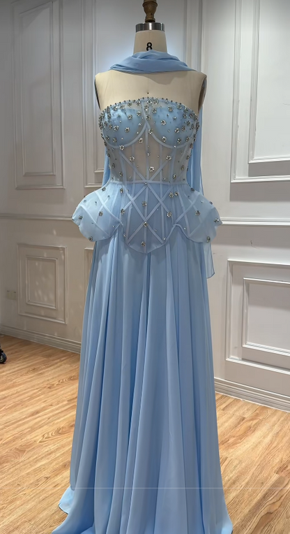 Plae Blue Chiffon Prom Dress Sheath Strapless Long Evening Dress ED10934