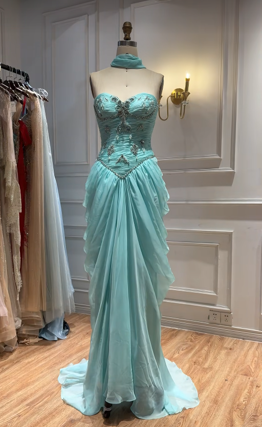 Tiffany Blue Chiffon Prom Dress Sheath Sweetheart Long Evening Dress for Women ED10935