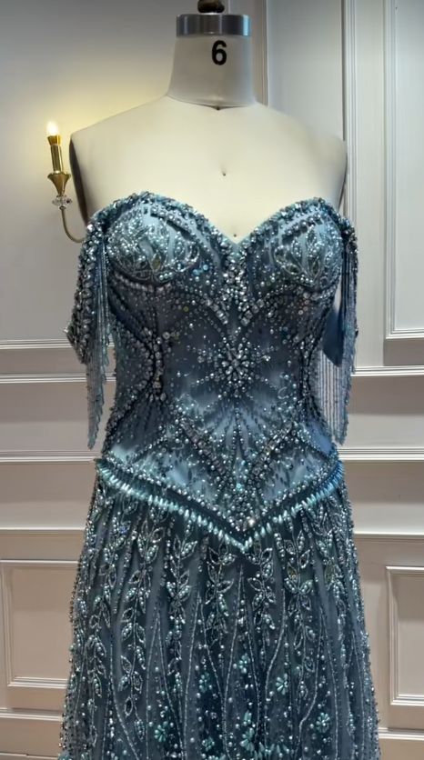 Blue Beaded Prom Dress Sheath Long Tulle Evening Dress ED10936