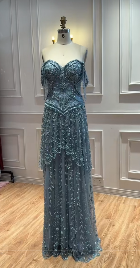 Blue Beaded Prom Dress Sheath Long Tulle Evening Dress ED10936