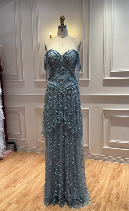 Blue Beaded Prom Dress Sheath Long Tulle Evening Dress ED10936
