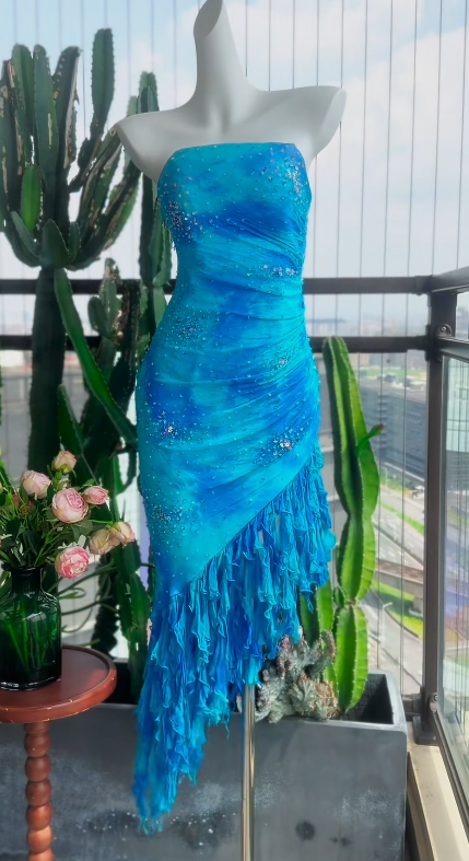Blue Beaded Prom Dress Sheath Long Chiffon Evening Dress ED10940