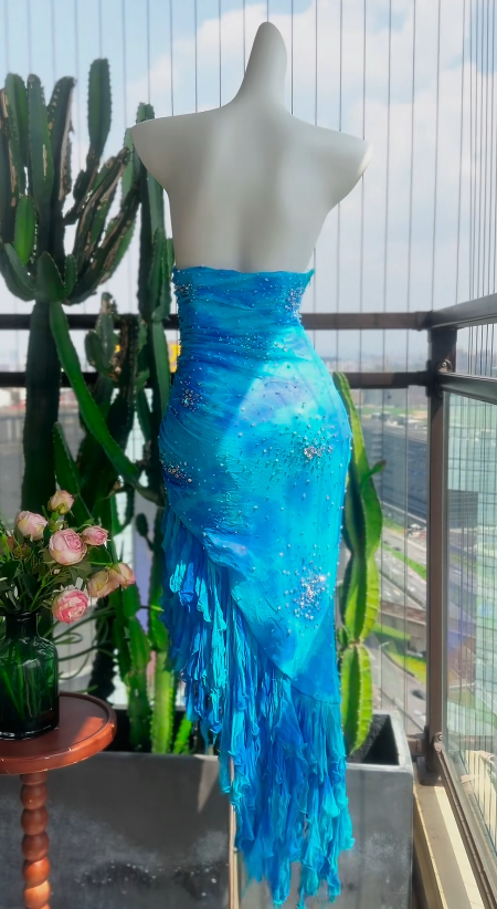 Blue Beaded Prom Dress Sheath Long Chiffon Evening Dress ED10940