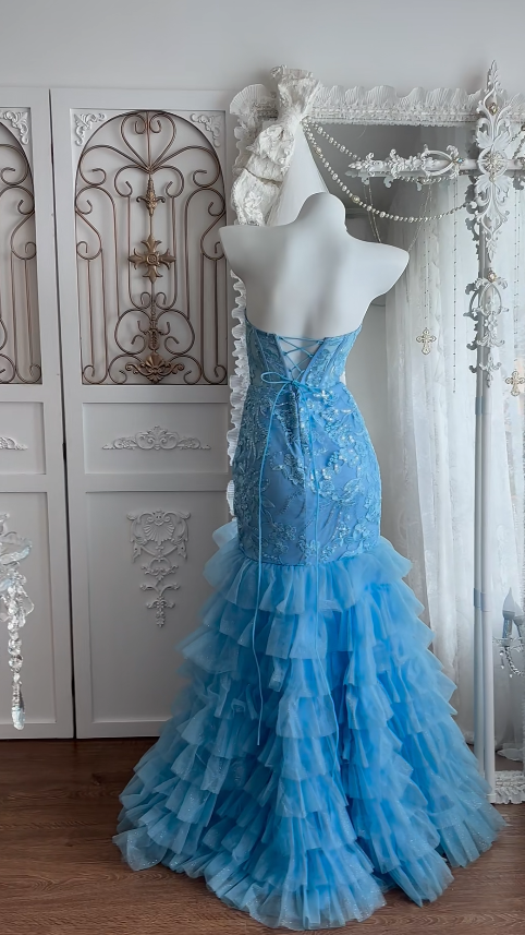 Robe de bal sirène bleue avec appliques, robe de soirée longue en tulle ED10941