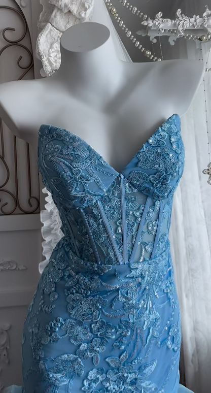 Robe de bal sirène bleue avec appliques, robe de soirée longue en tulle ED10941