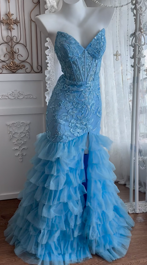 Robe de bal sirène bleue avec appliques, robe de soirée longue en tulle ED10941