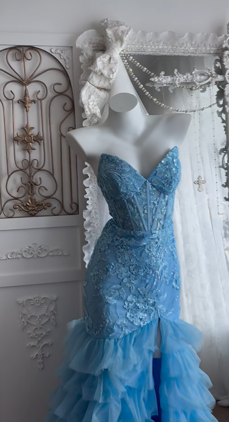Robe de bal sirène bleue avec appliques, robe de soirée longue en tulle ED10941