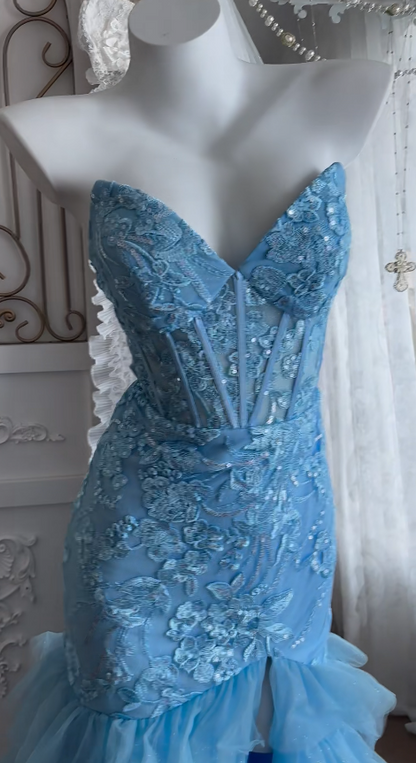 Robe de bal sirène bleue avec appliques, robe de soirée longue en tulle ED10941
