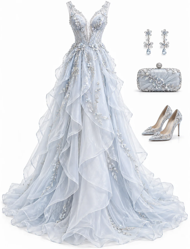 Robe de bal trapèze longue en tulle bleu pâle, robe de soirée ED10942