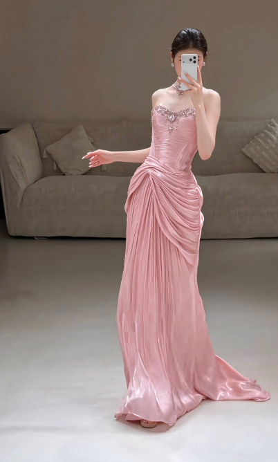 Pink Satin Prom Dress Sheath Long Strapless Evening Dress ED10942