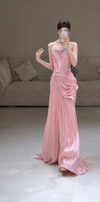 Pink Satin Prom Dress Sheath Long Strapless Evening Dress ED10942