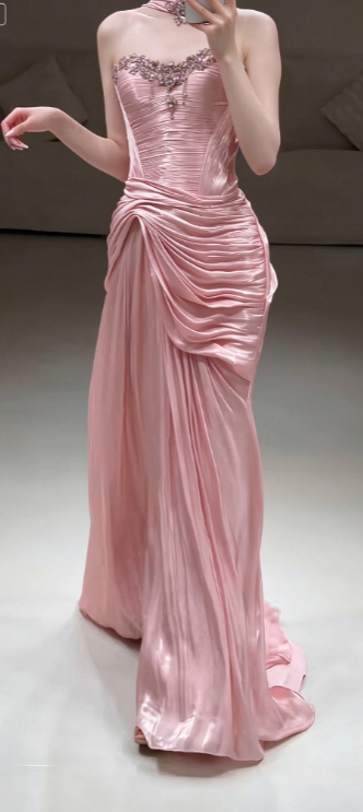 Pink Satin Prom Dress Sheath Long Strapless Evening Dress ED10942