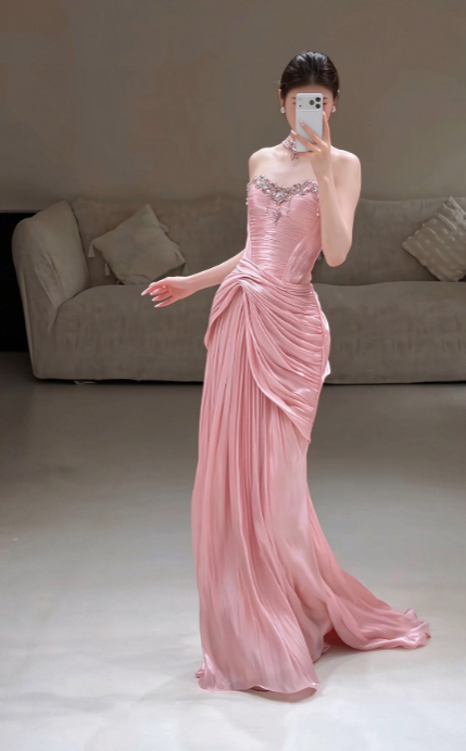 Pink Satin Prom Dress Sheath Long Strapless Evening Dress ED10942