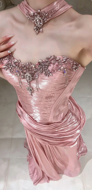 Pink Satin Prom Dress Sheath Long Strapless Evening Dress ED10942