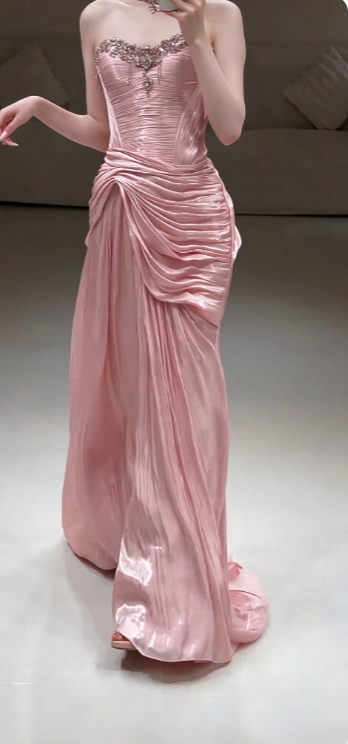 Pink Satin Prom Dress Sheath Long Strapless Evening Dress ED10942
