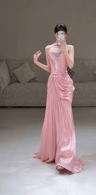 Pink Satin Prom Dress Sheath Long Strapless Evening Dress ED10942