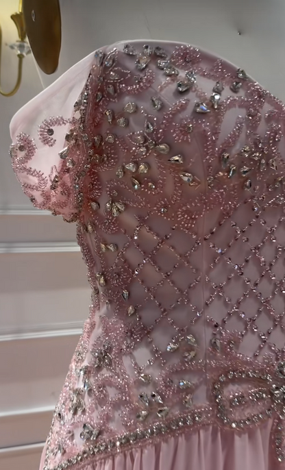 Robe de bal fourreau rose à perles, robe de soirée longue en mousseline ED10947