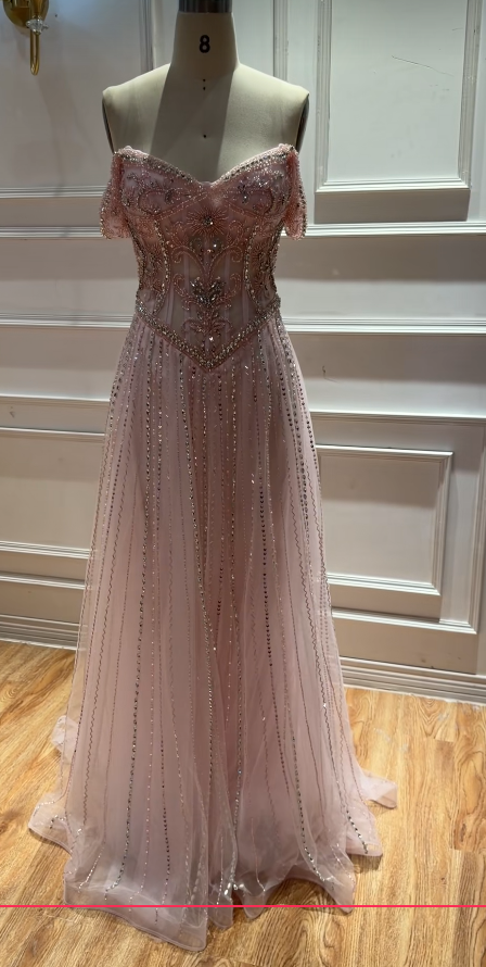 Robe de bal fourreau rose à perles, robe de soirée longue en mousseline ED10947