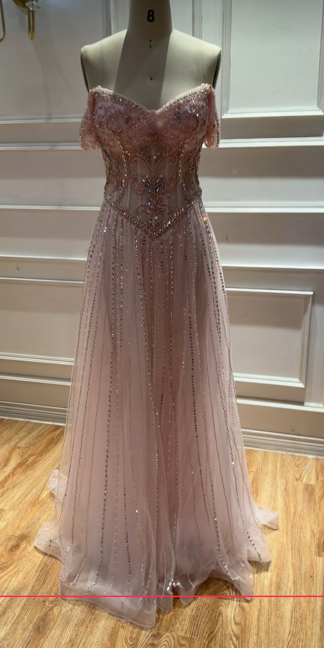 Robe de bal fourreau rose à perles, robe de soirée longue en mousseline ED10947