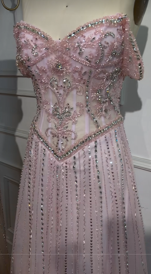 Robe de bal fourreau rose à perles, robe de soirée longue en mousseline ED10947