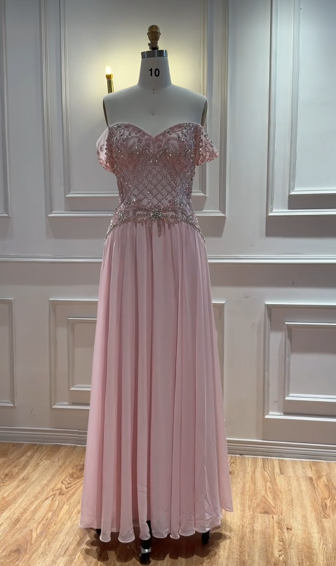 Robe de bal fourreau rose à perles, robe de soirée longue en mousseline ED10947