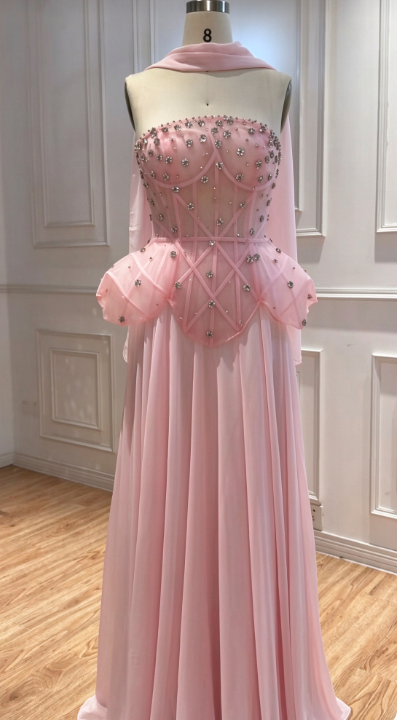 Robe de bal fourreau longue en mousseline rose avec strass ED10948