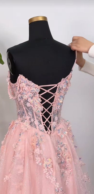 Pink Appliques Prom Dress A-Line Long Tulle Evening Dress ED10949