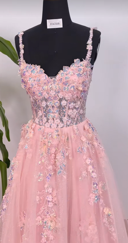 Pink Appliques Prom Dress A-Line Long Tulle Evening Dress ED10949