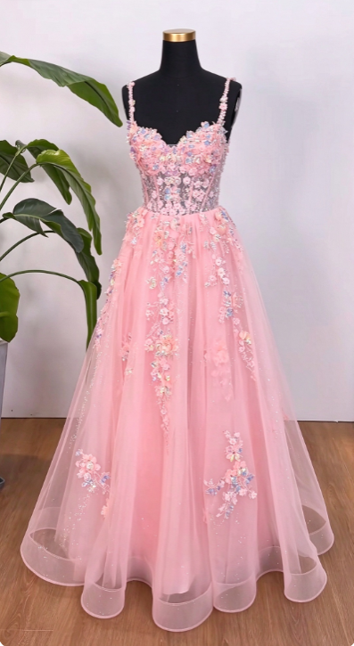 Pink Appliques Prom Dress A-Line Long Tulle Evening Dress ED10949