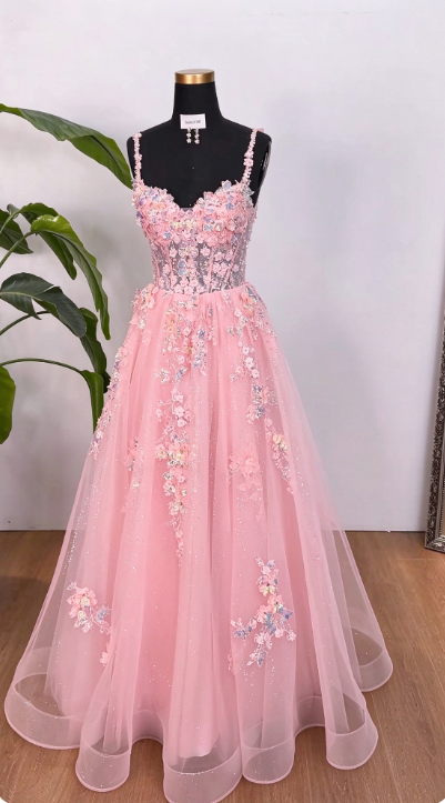 Pink Appliques Prom Dress A-Line Long Tulle Evening Dress ED10949