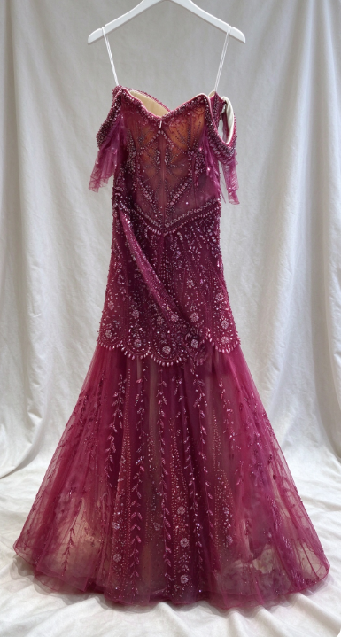 Off-shoulder Hot Pink Beaded Prom Dress Sheath Long Chiffon Evening Dress ED10951