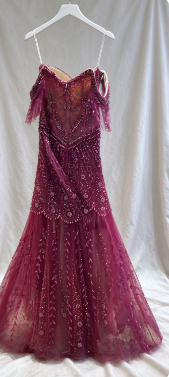 Off-shoulder Hot Pink Beaded Prom Dress Sheath Long Chiffon Evening Dress ED10951
