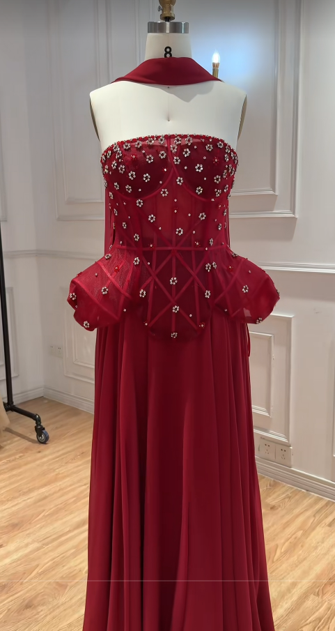 Robe de bal fourreau longue en mousseline bordeaux sans bretelles, robe de soirée ED10952