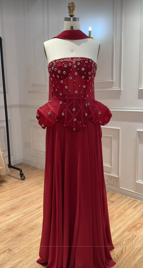 Robe de bal fourreau longue en mousseline bordeaux sans bretelles, robe de soirée ED10952