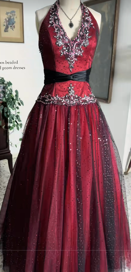 V-neck Burgundy Prom Dress A-Line Long Tulle Evening Dress ED10953