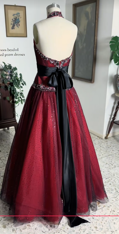 V-neck Burgundy Prom Dress A-Line Long Tulle Evening Dress ED10953