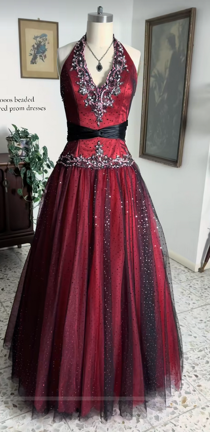 V-neck Burgundy Prom Dress A-Line Long Tulle Evening Dress ED10953