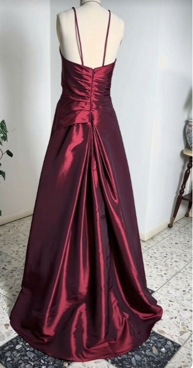 Straps Burgundy Prom Dress A-Line Long Satin Evening Dress ED10954