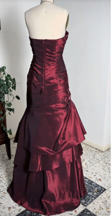Strapless Burgundy Prom Dress Sheath Long Satin Evening Dress ED10955